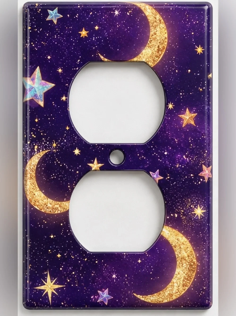 Handmade Purple Celestial Moon Stars Duplex Outlet Cover Plate